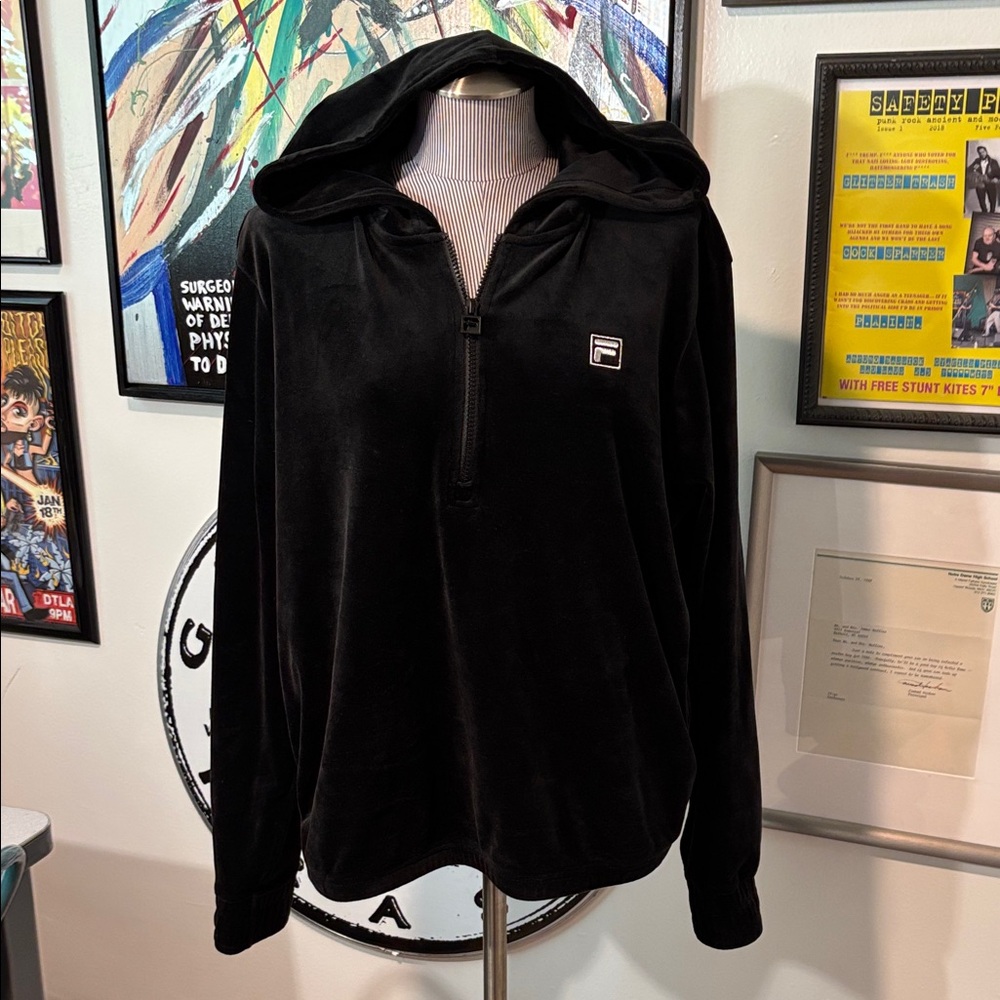 Fila Vintage Velour Black 1/4 Zip Hoodie
